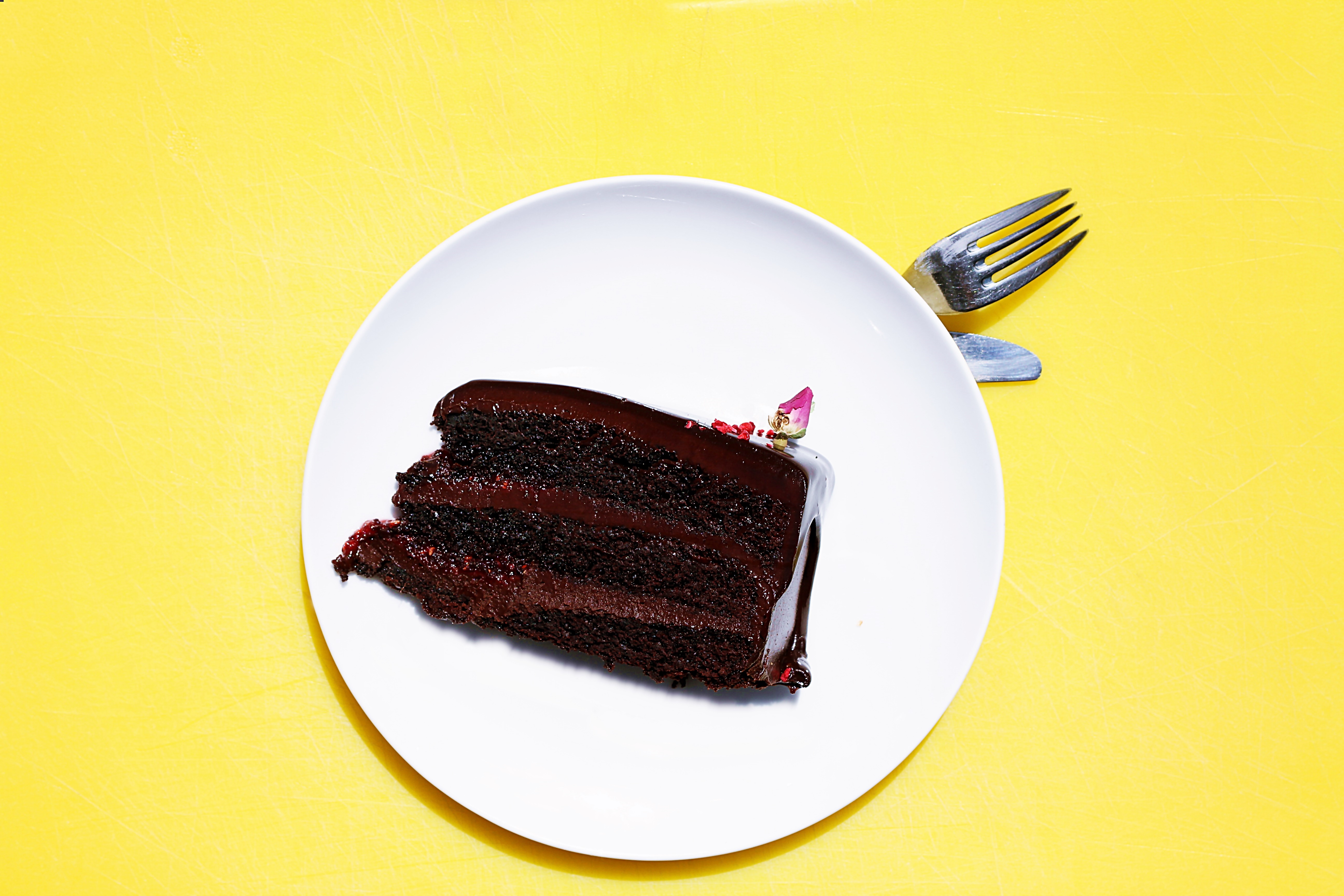 Slice of layered chocolate cake on a white plate