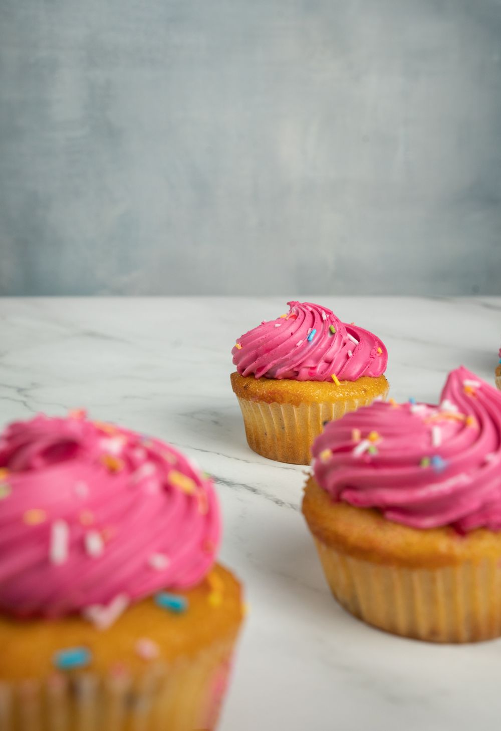 Vanilla cupcakes with bright pink frosting and sprinkles